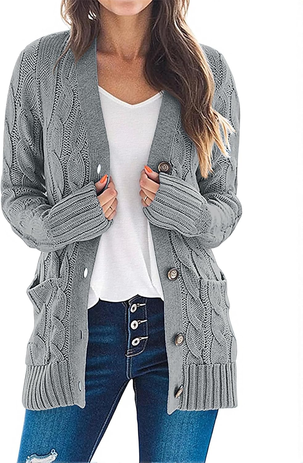 MEROKEETY Women's 2025 Fall Long Sleeve Cable Knit Sweater Open Front Cardigan Button Loose Outerwear