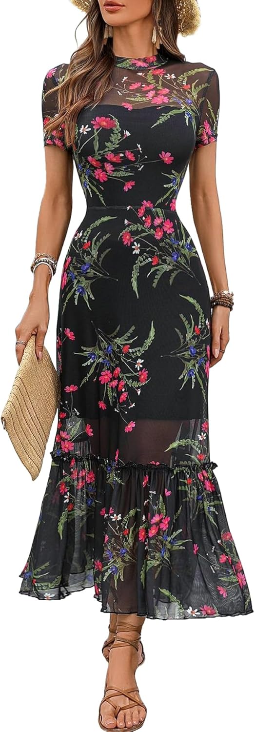 GothDark Women's Summer Floral Mesh Ruffle Dress Short Sleeve Round Neck Waist Cinched Casual Maxi Wedding Guest Dresses
