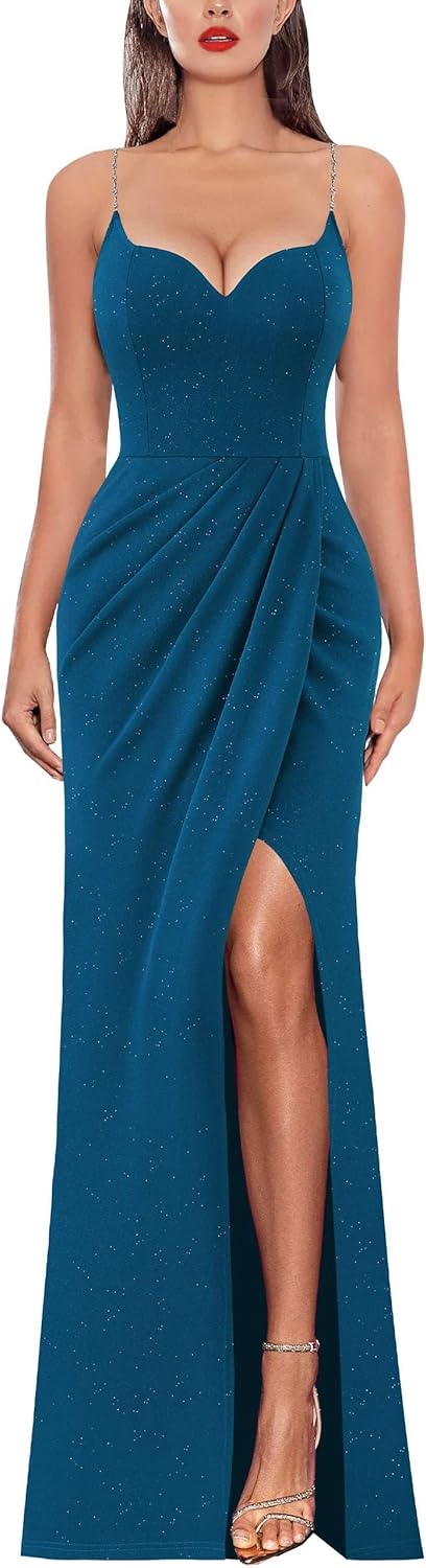 VFSHOW Womens Sexy Formal Ruched Fitted High Slit Bodycon Maxi Dress Spaghetti Strap Sweetheart Cocktail Prom Evening Gown