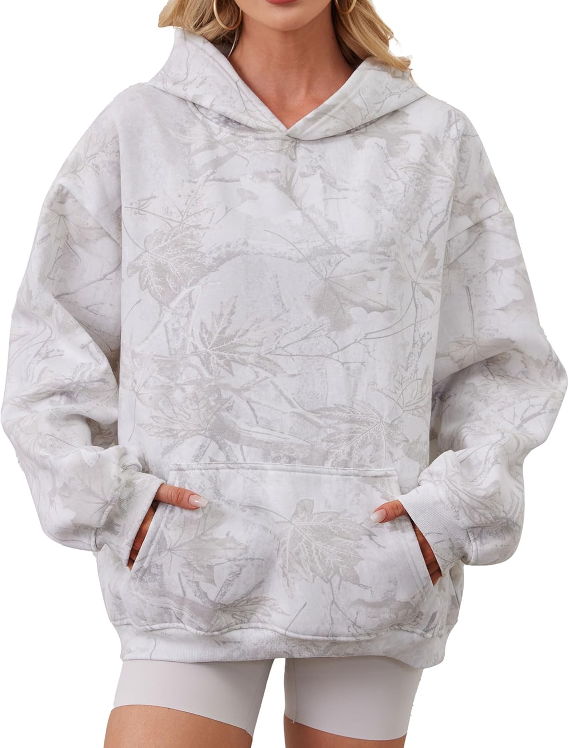 Womens Camo Hoodies Maple Leaf Print Oversized Hooded Sweatshirt Fleece Pullover Sweatshirts Long Sleeve with Pocket