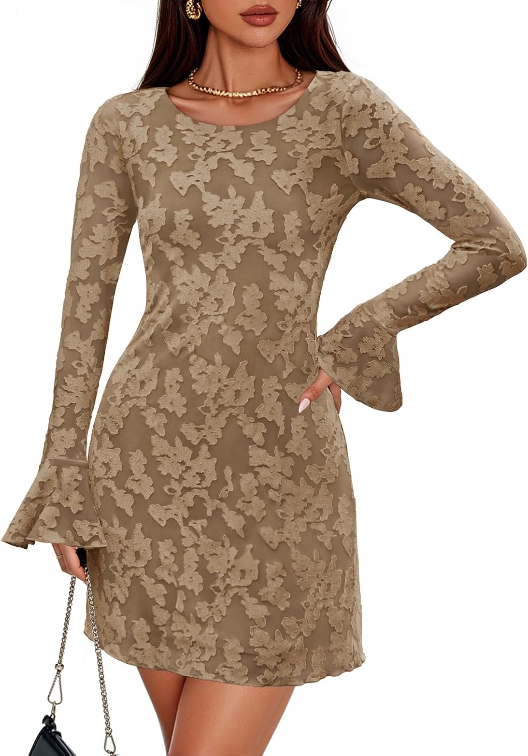 ZESICA Long Sleeve Mini Dresses for Women 2025 Floral Mesh Crewneck Bodycon Wedding Guests Cocktail Party Short Dress