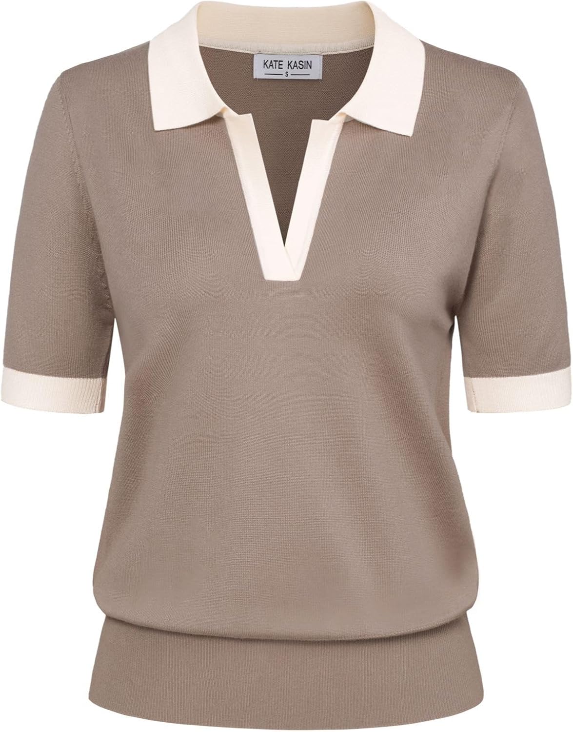 Kate Kasin Women Short Sleeve Polo Sweater V Neck Knitted Tops Casual Ribbed Shirt Loose Pullover Sweater