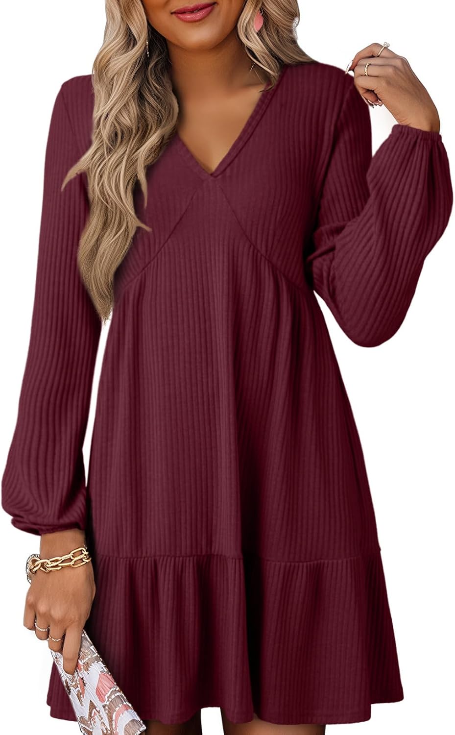 Dokotoo Fall Dresses for Women 2025 Long Sleeve V Neck Lightweight Ribbed Knit Empire Waist Casual A Line Swing Mini Dress
