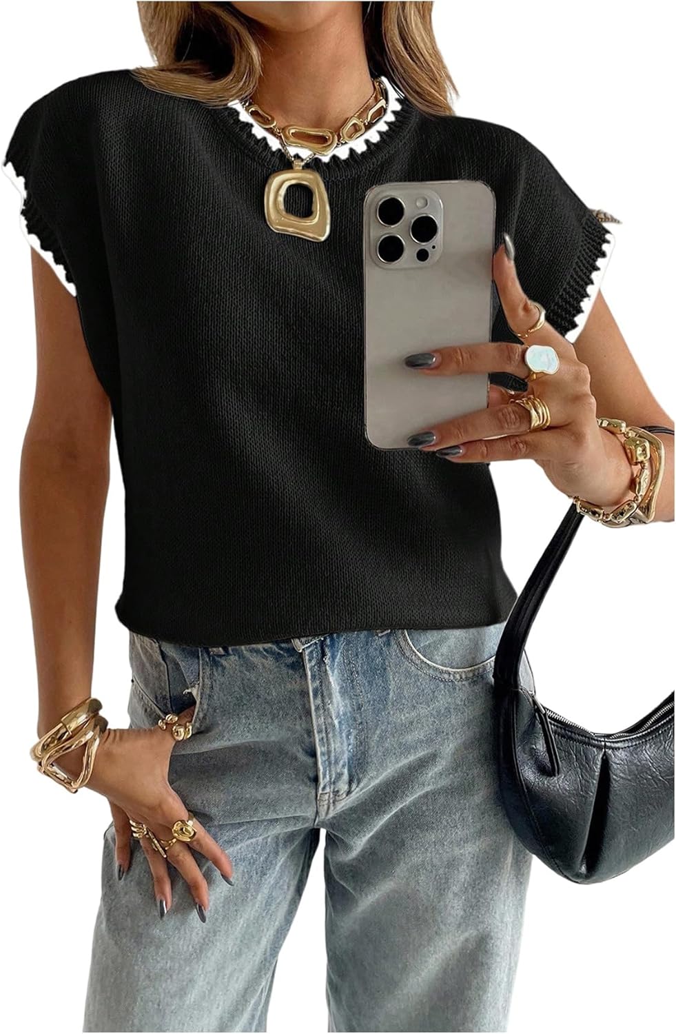 SOLY HUX Women's Ribbed Sweater Crew Neck Short Sleeve Loose Fit Floral Knit Pullover Tops