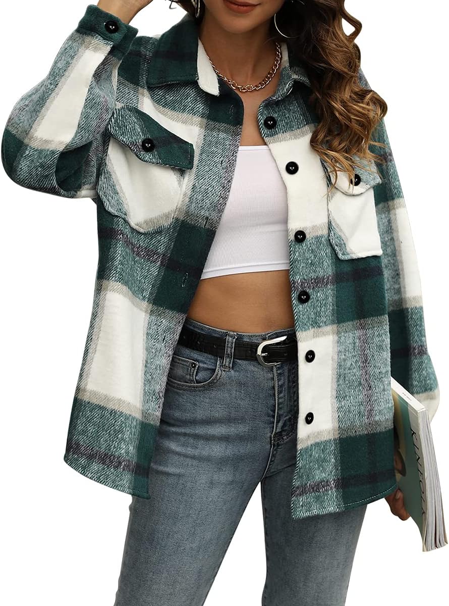 Trendy Queen Womens Flannel Shacket Casual Jacket Plaid Button Down Long Sleeve Shirt Fall Winter Outfits