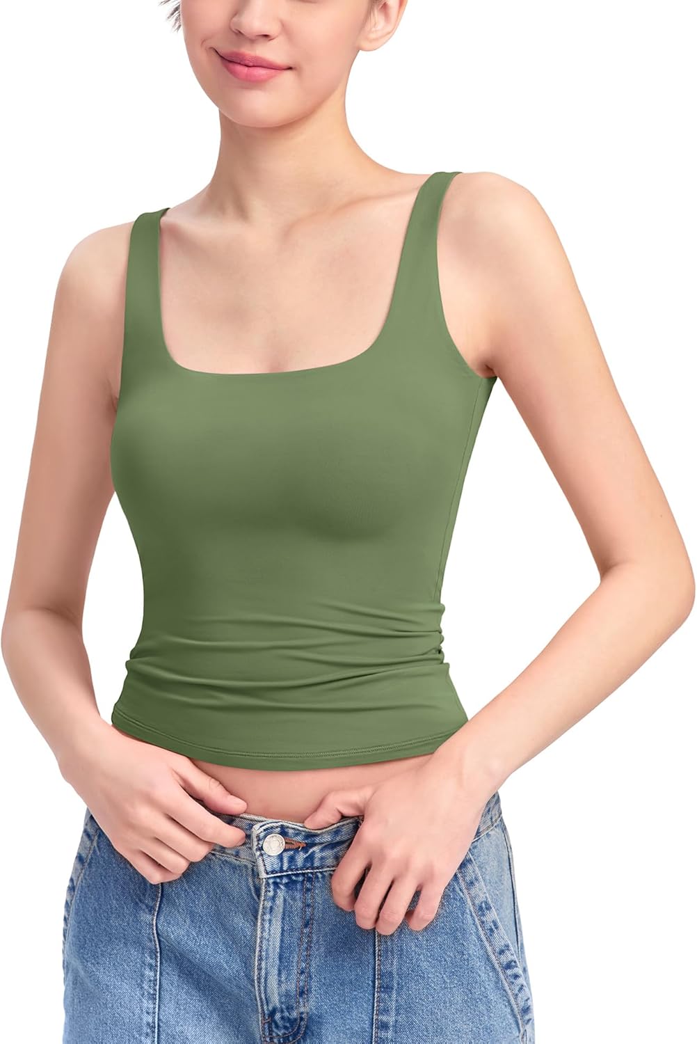 PUMIEY Women's Square Neck Tank Top Sleeveless Double Lined Basic Tops Sharp Collection