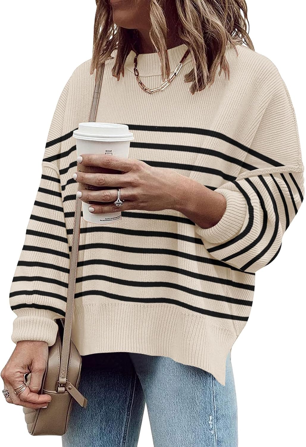 Women's Oversized Crewneck Sweaters Batwing Long Sleeve Side Slit Ribbed Knit Pullover Sweater Tops