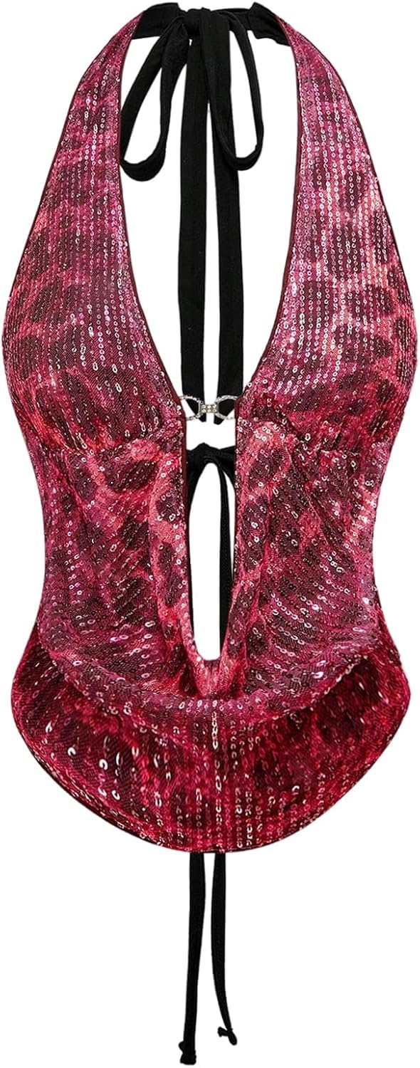 Verdusa Women's Cheetah Print Sequin Top Y2K Tie Back Corset Halter Going Out Crop Tops