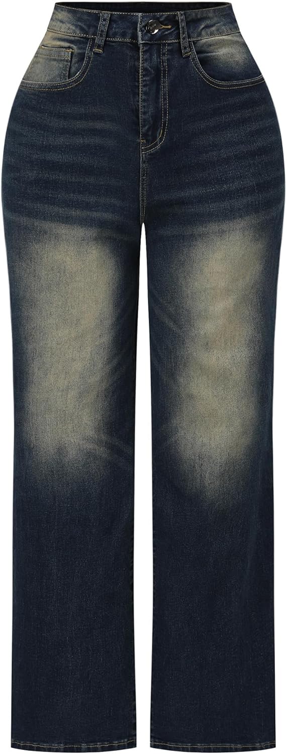 THUNDER STAR Womens High Waisted Wide Leg Jeans Stretchy Distressed Denim Pants