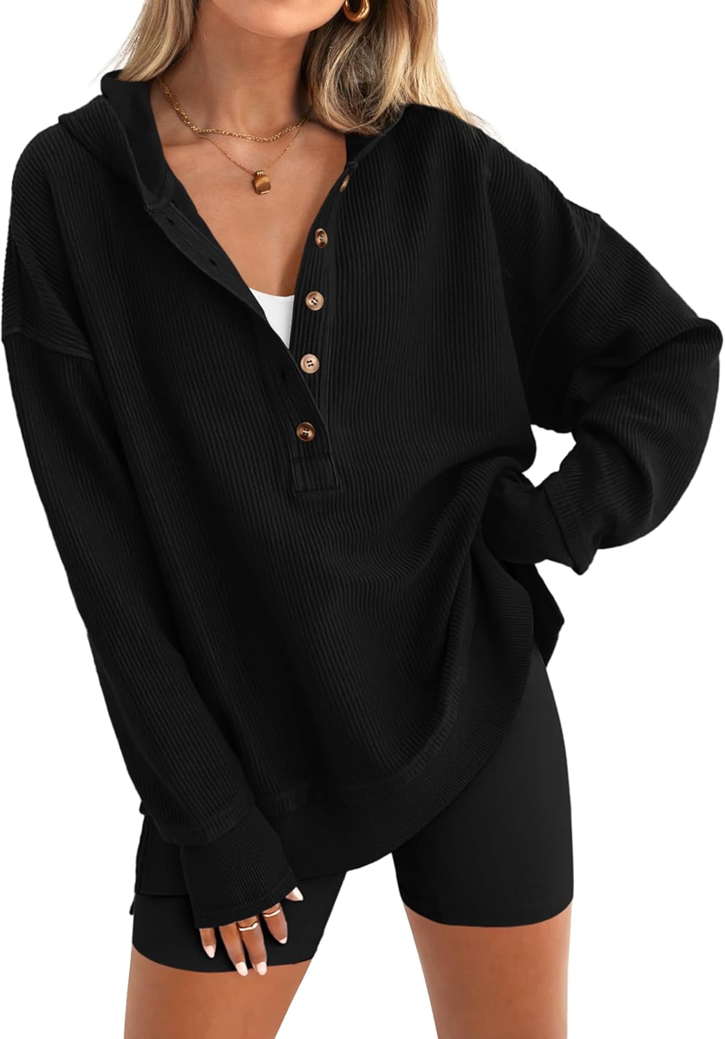 PRETTYGARDEN Womens Fashion 2025 Oversized Long Sleeve Hoodie Button Down V Neck Sweatshirt Side Slit Casual Pullover Tops