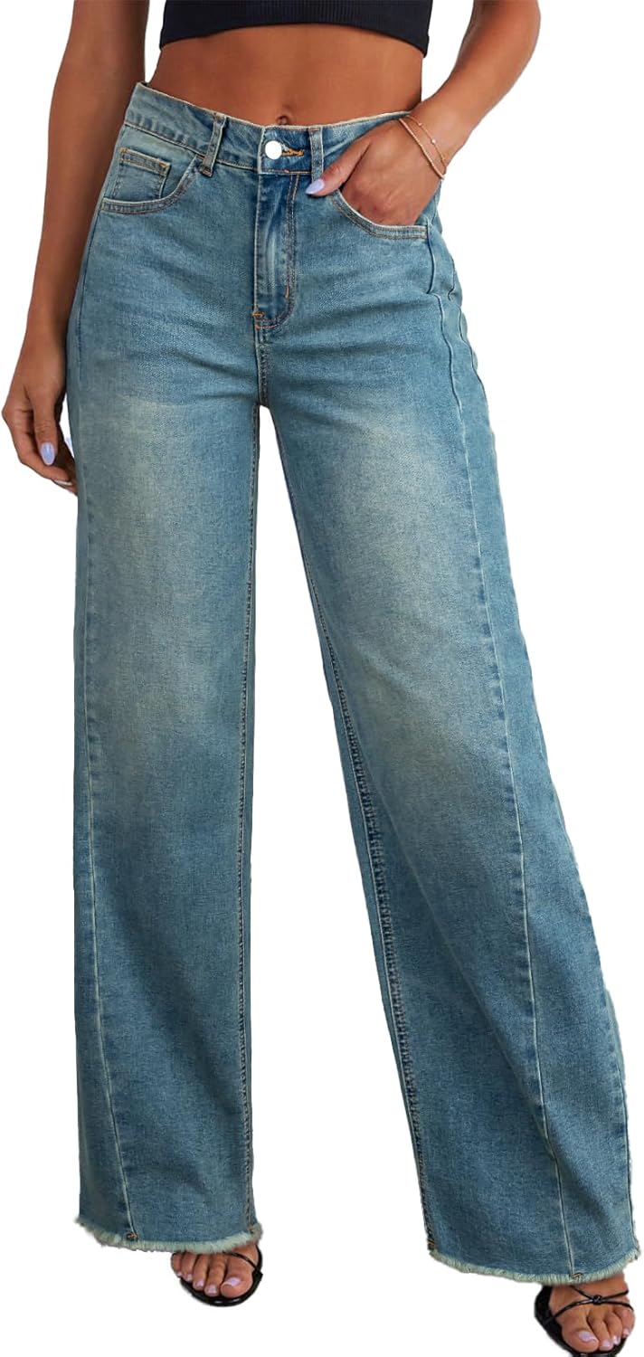 Sidefeel Women's Wide Leg Jeans High Waisted Strechy Raw Hem Zimbaplatinum Denim Pants