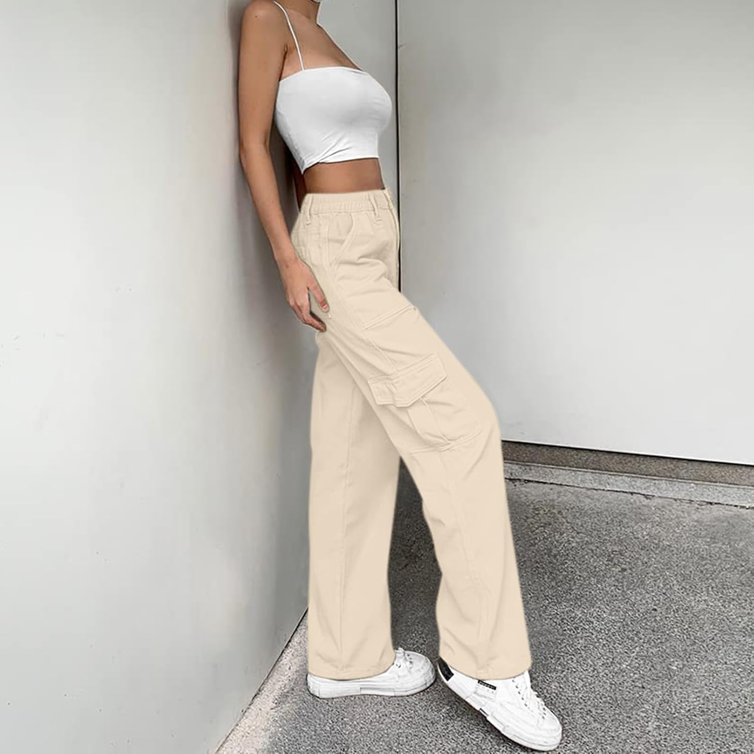 Lepunuo Cargo Pants for Women High Waisted Casual Pants Baggy Stretchy Wide Leg Y2K Streetwear with 6 Pockets