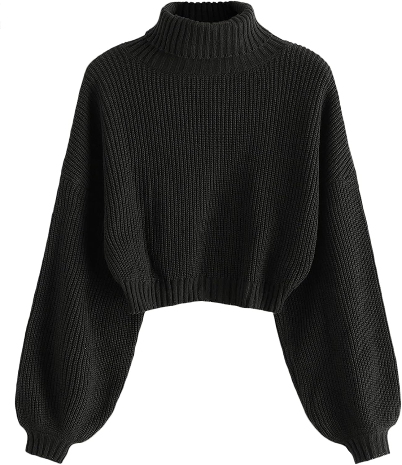 ZAFUL Women's Cropped Turtleneck Sweater Lantern Sleeve Ribbed Knit Pullover Sweater Jumper