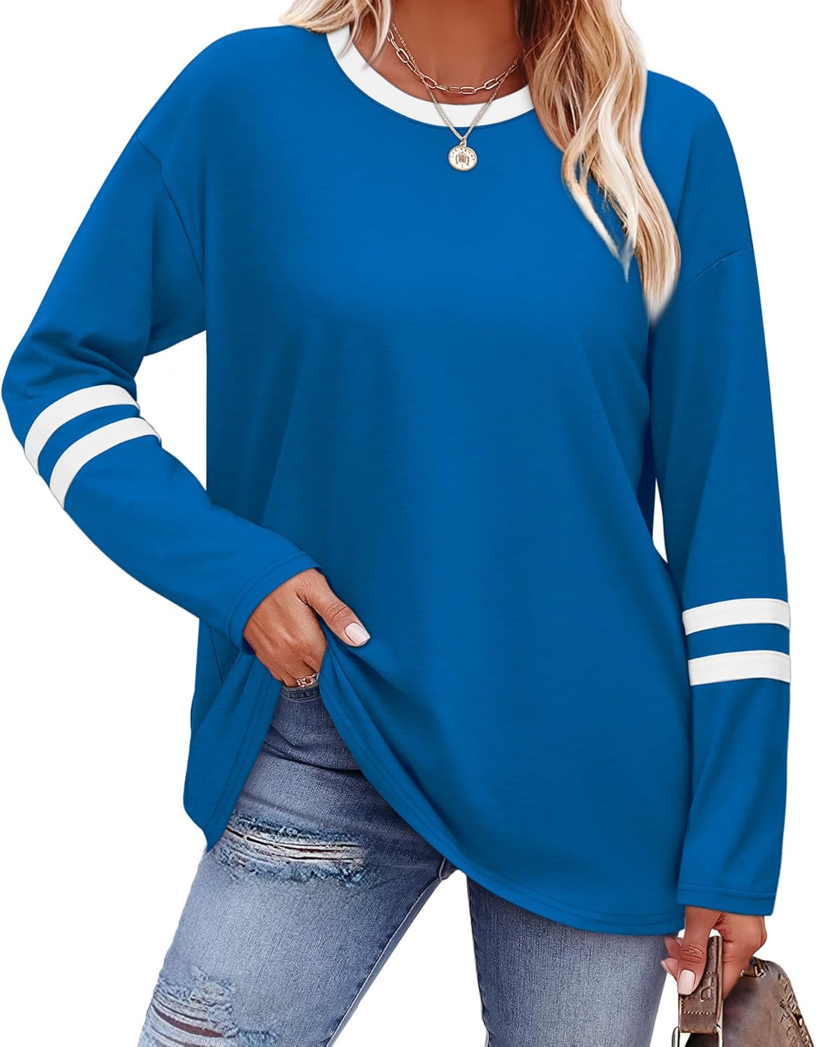 Sampeel Long Sleeve Shirts for Women Color Block Casual Tops Fall Outfits 2025 Basic Tees Trendy Clothes