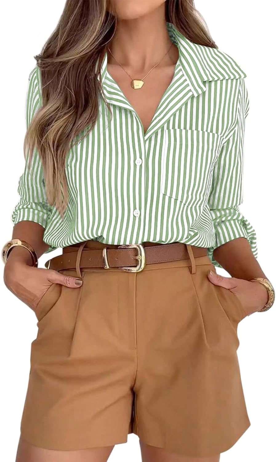 siliteelon Striped Button Down Shirts for Women Dress Shirts Long Sleeve Casual Collared Office Work Shirt with Pocket