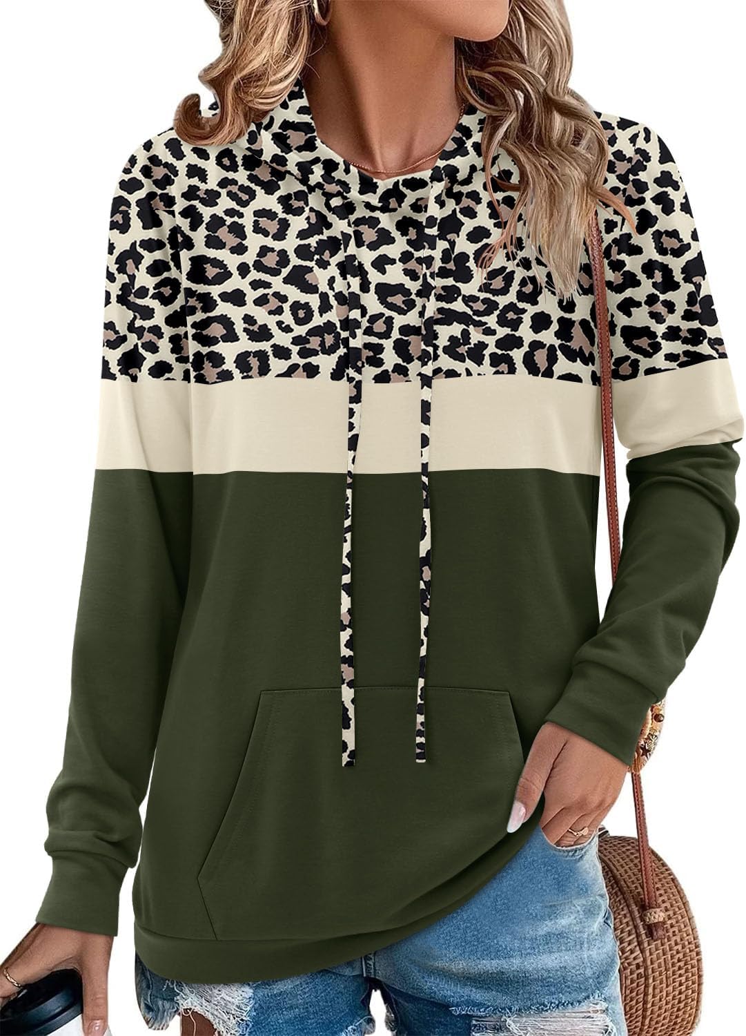 Angerella Hoodies for Women Camo Leopard Print Tops Pullover Hooded Sweatshirt Drawstring with Pocket