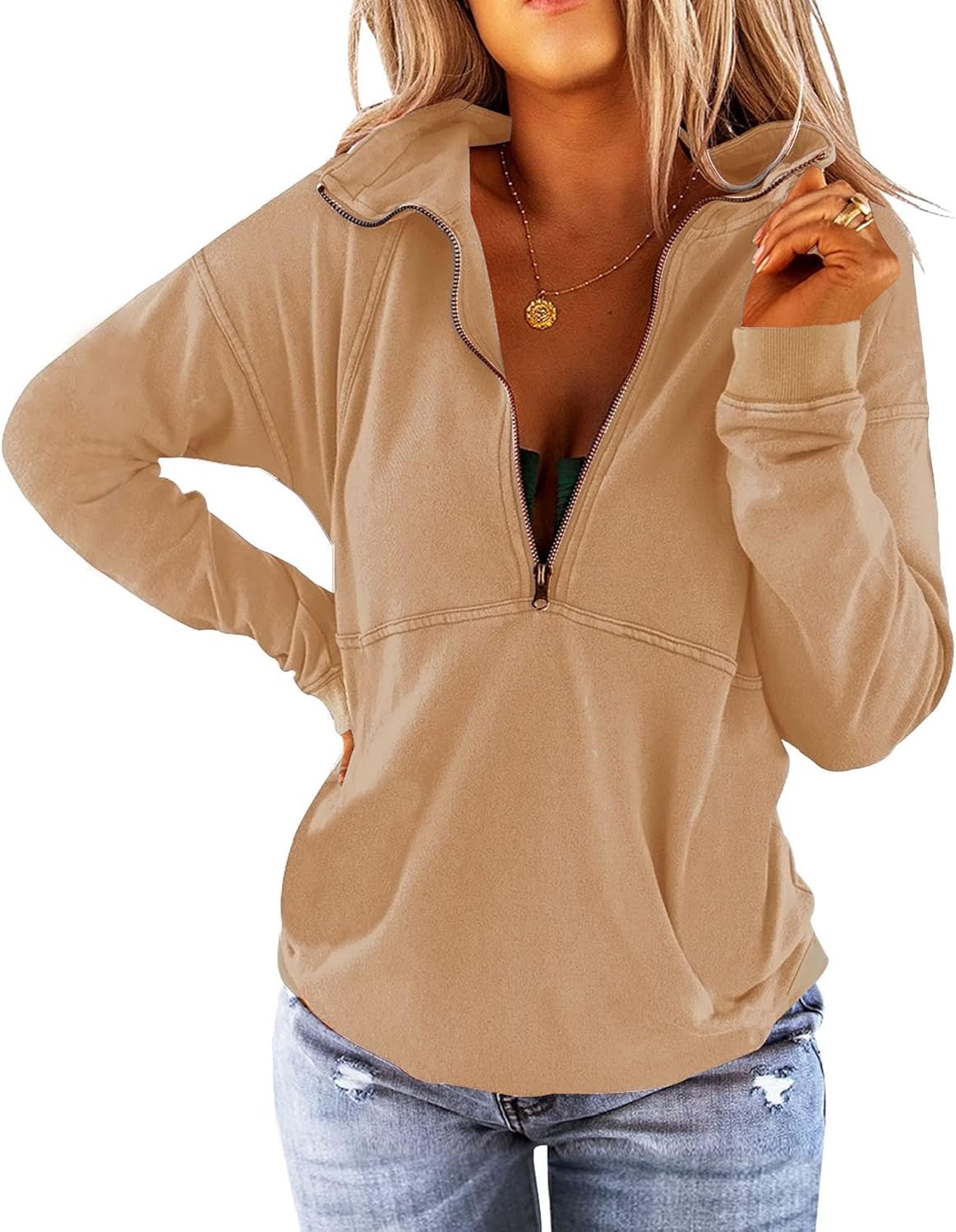 Floral Find Women's Long Sleeve Lapel Half Zip Up Sweatshirt Solid Stylish Loose Fit Casual Pullover Tops