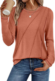 ATHMILE Womens Long Sleeve Shirts Pleated Crew Neck Casual Fall Fashion Tops Loose Fit Lightweight Girls Outfits Clothes