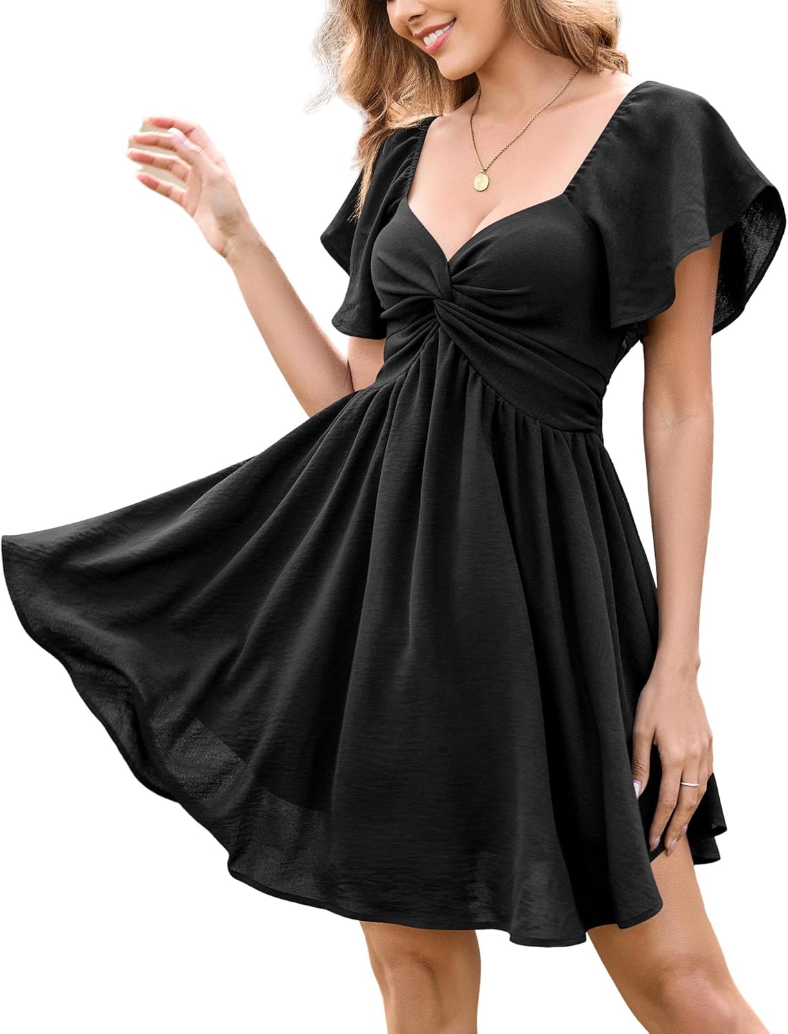 Florboom Women's Sweetheart Knot Front Dress Flutter Sleeve Tie Back A-Line Chiffon Mini Dresses