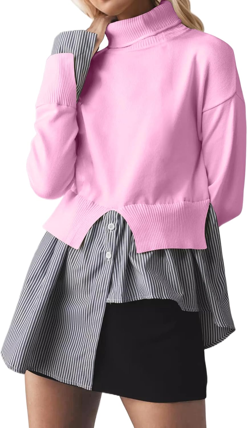 MISSACTIVER Women Slit Turtleneck Patchwork Sweater 2 in 1 Buttons Down Pullover Knit Sweater Asymmetrical Hem Shirt Top