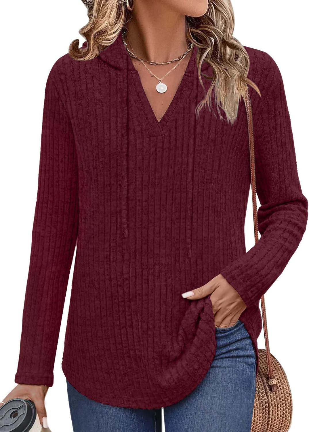 Lylinan Womens Long Sleeve Knit Hoodies V Neck Pullover Tops Ribbed Sweaters Fall Fashion Clothes S-XXL