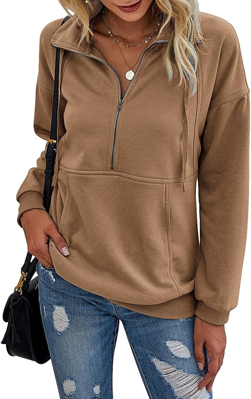 PRETTYGARDEN Women's Casual Long Sleeve Lapel Zipper Sweatshirt Drawstring Loose Pullover Tops