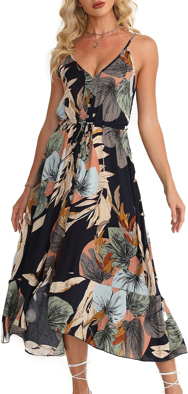 BROVAVE Women's 2025 Summer Casual Boho Sundress Polka Dot Spaghetti Strap V Neck Flowy Midi Dresses