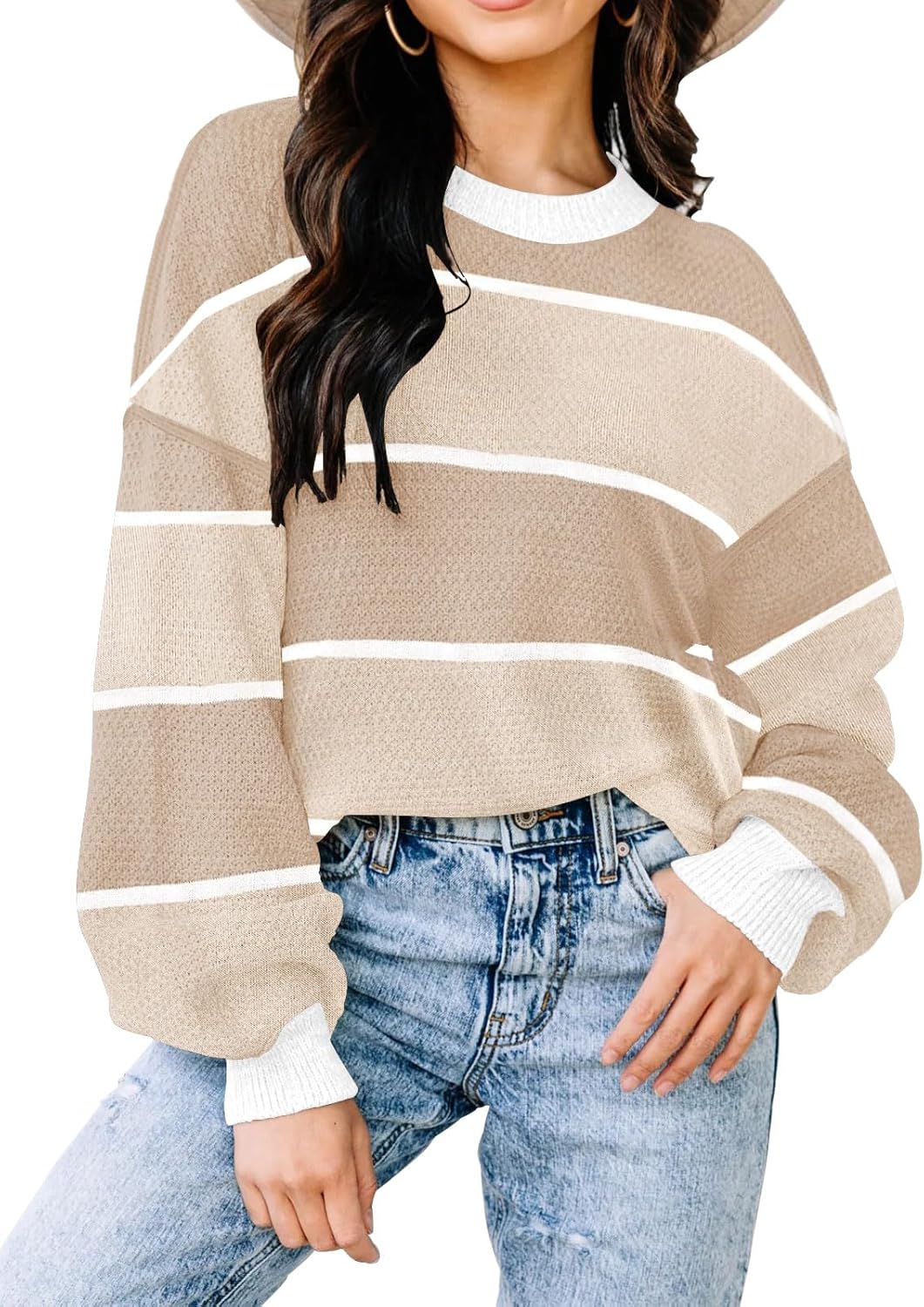Womens Sweaters Fall 2025 Fashion Long Sleeve Color Block Oversized Sweater Trendy Casual Crew Neck Knitted Tops Pullover
