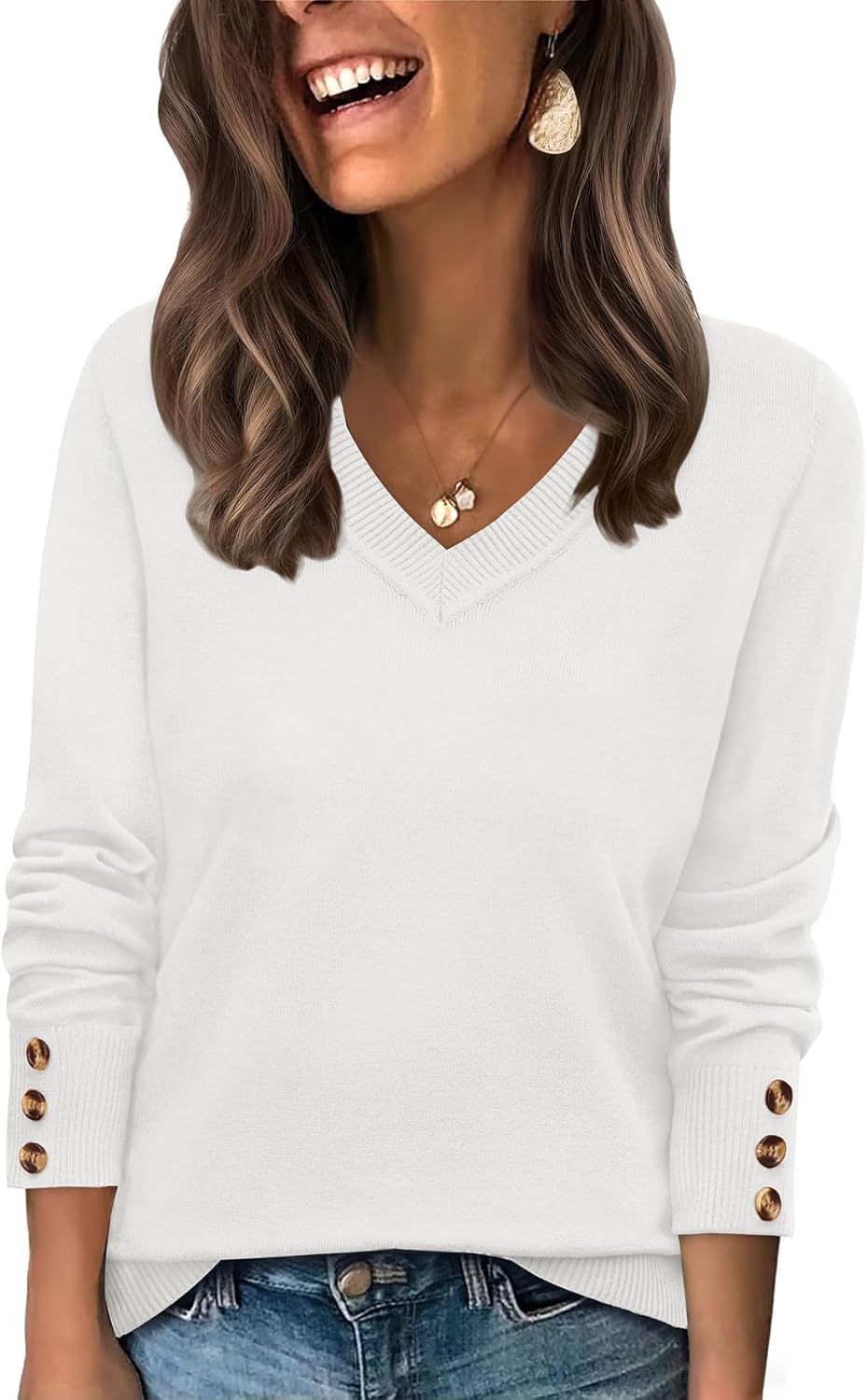 WIHOLL Lightweight Sweaters for Women Long Sleeve V Neck Knit Outfits with Decorative Buttons