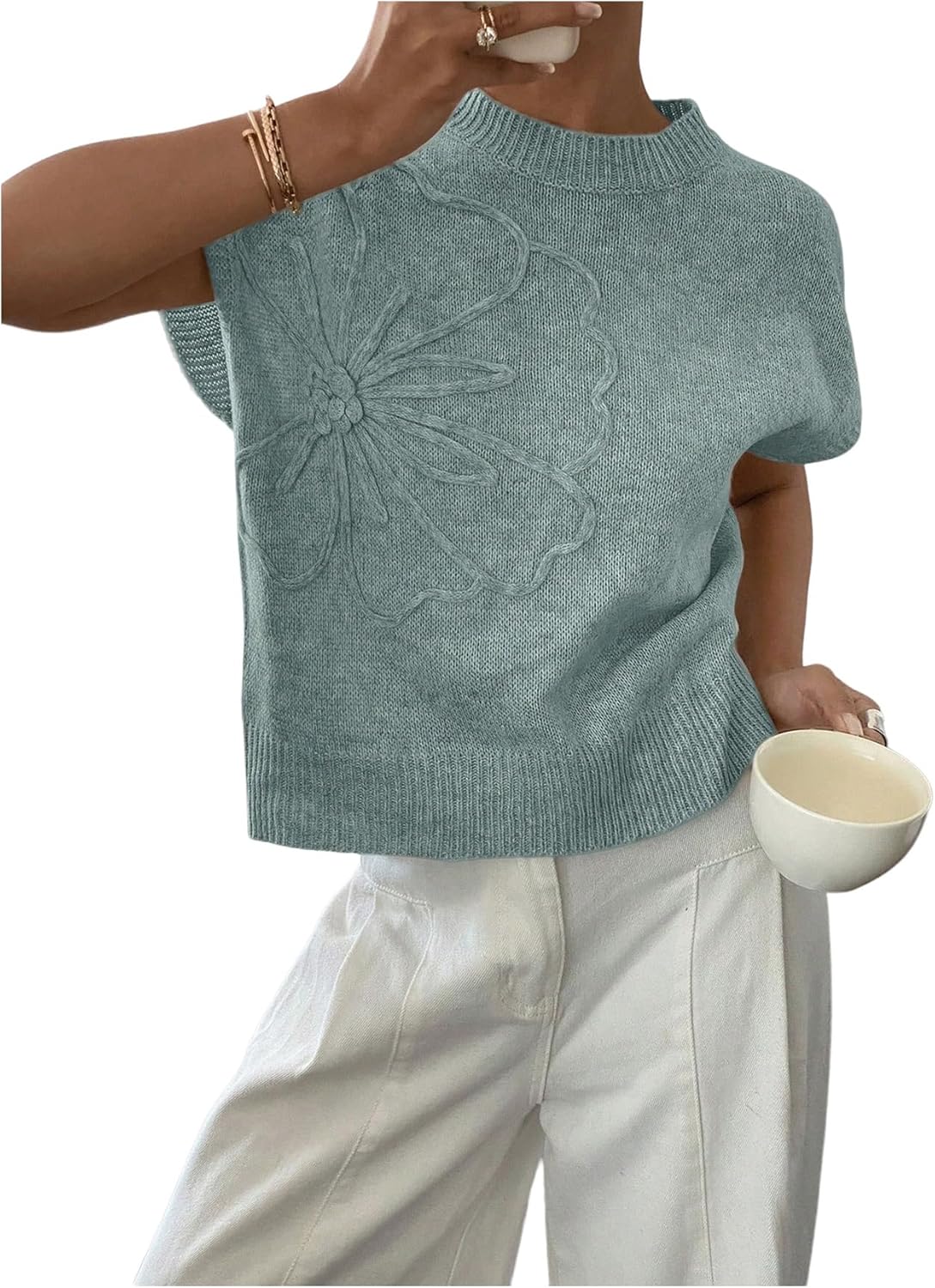 SOLY HUX Women's Ribbed Sweater Crew Neck Short Sleeve Loose Fit Floral Knit Pullover Tops