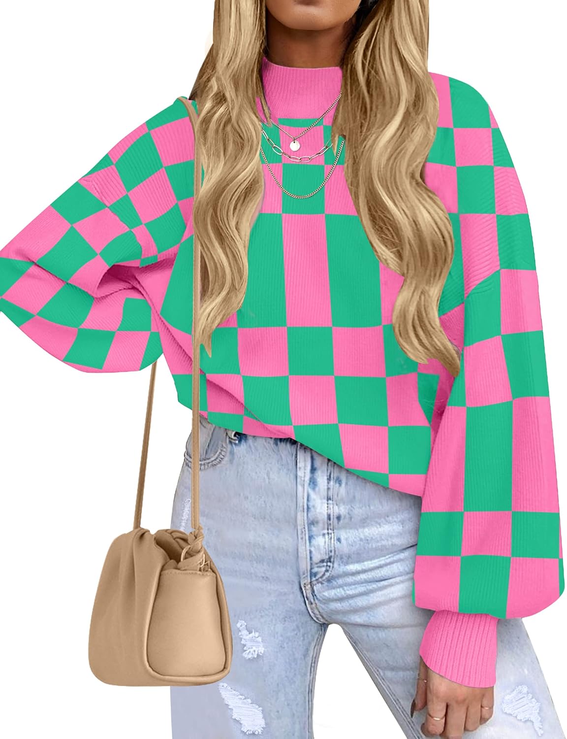 ZESICA Women's Casual Turtleneck Long Lantern Sleeve Fall 2025 Oversized Ribbed Knit Pullover Sweater Jumper Top