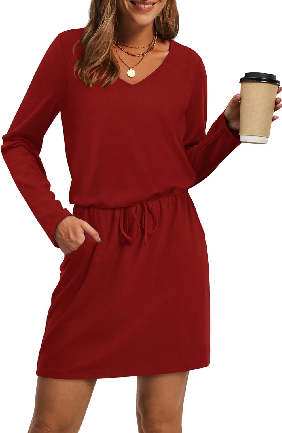 OFEEFAN Fall Dresses for Women 2025 Loose V Neck Long Sleeve T Shirts Casual Sundresses Tie Front A-Line Dresses