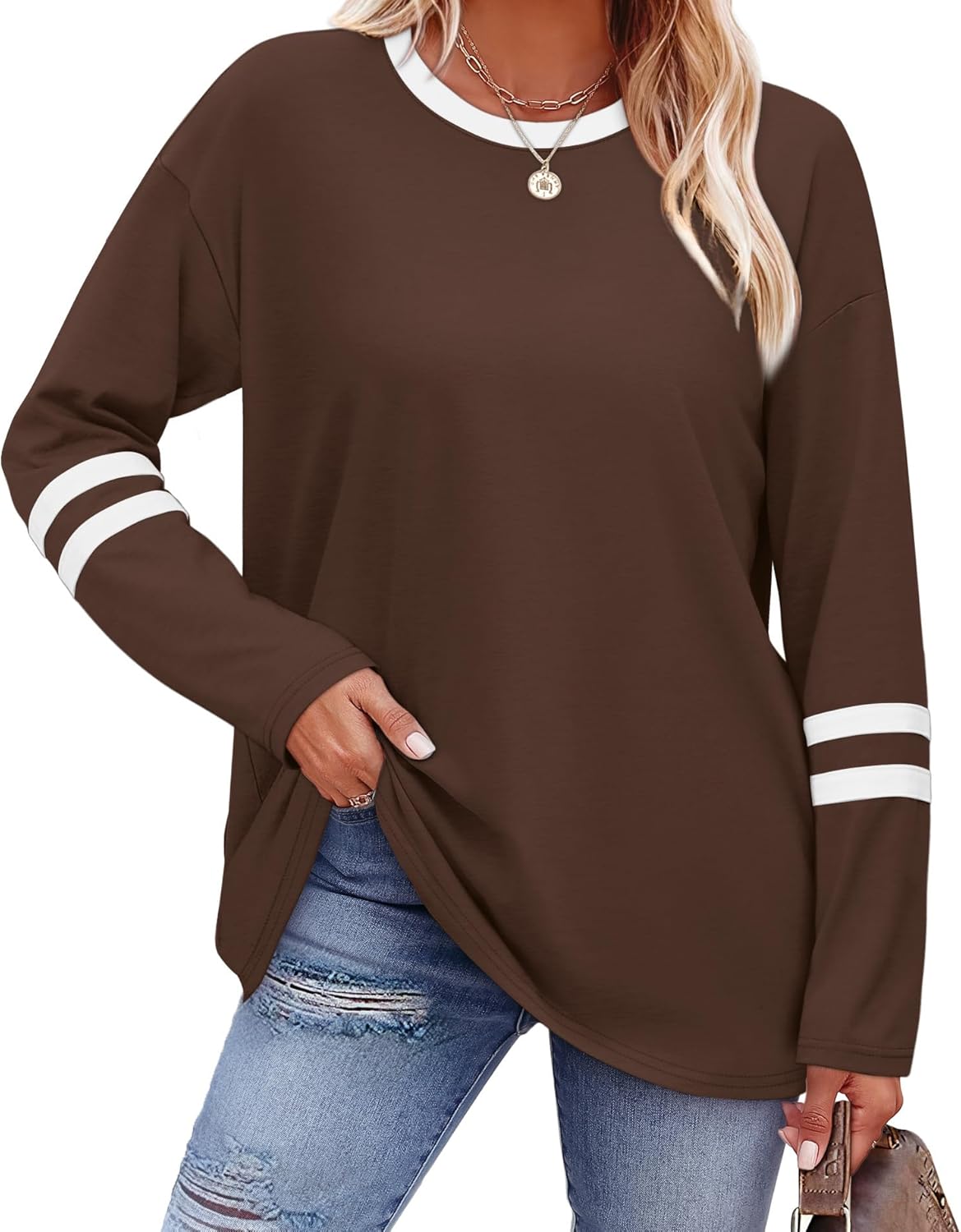 Sampeel Long Sleeve Shirts for Women Color Block Casual Tops Fall Outfits 2025 Basic Tees Trendy Clothes