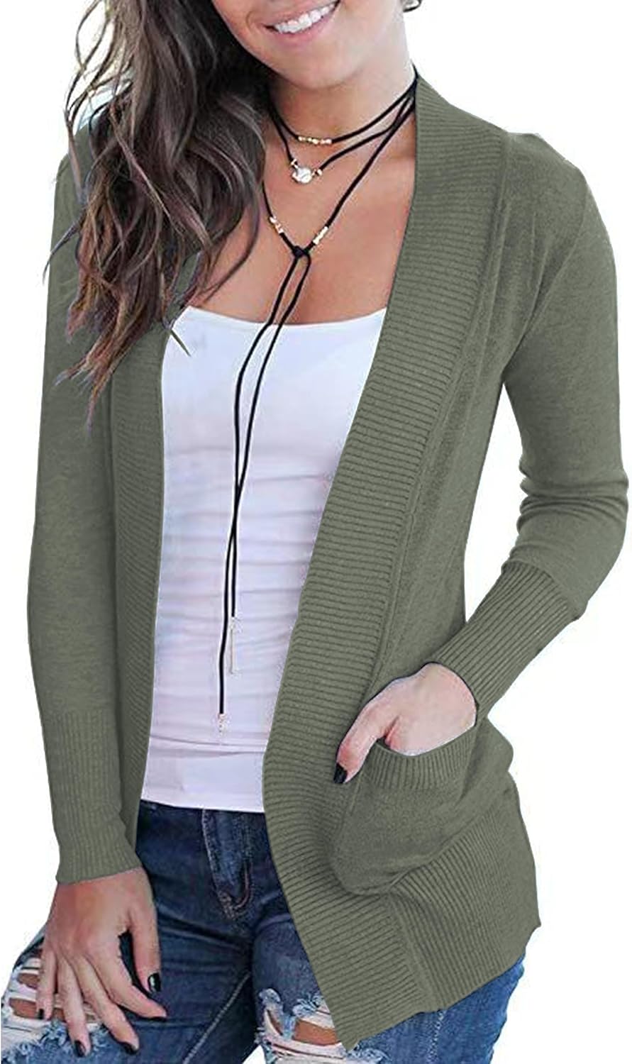 VOIANLIMO Women's Open Front Casual Long Sleeve Knit Classic Sweaters Cardigan with Pockets
