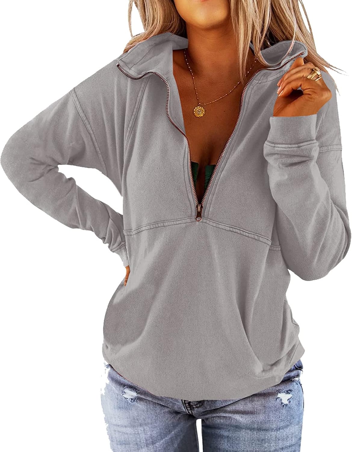 Floral Find Women's Long Sleeve Lapel Half Zip Up Sweatshirt Solid Stylish Loose Fit Casual Pullover Tops