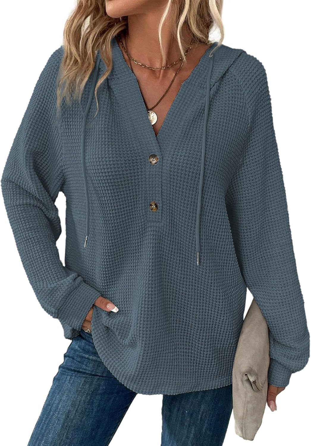 Dokotoo Hoodies for Women Waffle Knit Long Sleeve Drawstring Button V Neck Casual Pullover Sweatshirt Hooded Tops