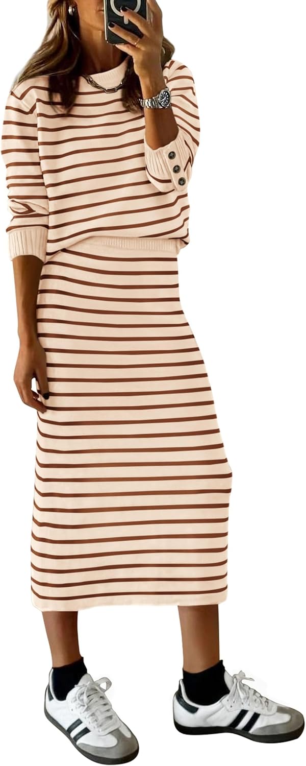 PRETTYGARDEN 2 Piece Skirts Sets For Women Fall Fashion 2025 Striped Sweater Dress Knit Lounge Travel Outfits Winter Clothing