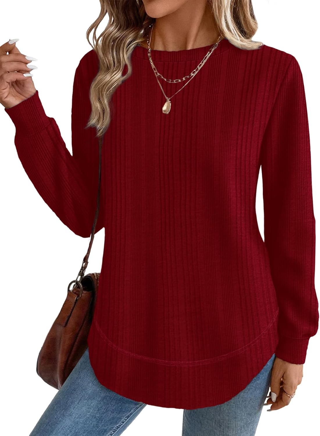 OFEEFAN Tunic Tops for Women Loose Fit Dressy Long Sleeve Shirts Womens Sweaters Crew Neck Fall Clothing with Curved Hem