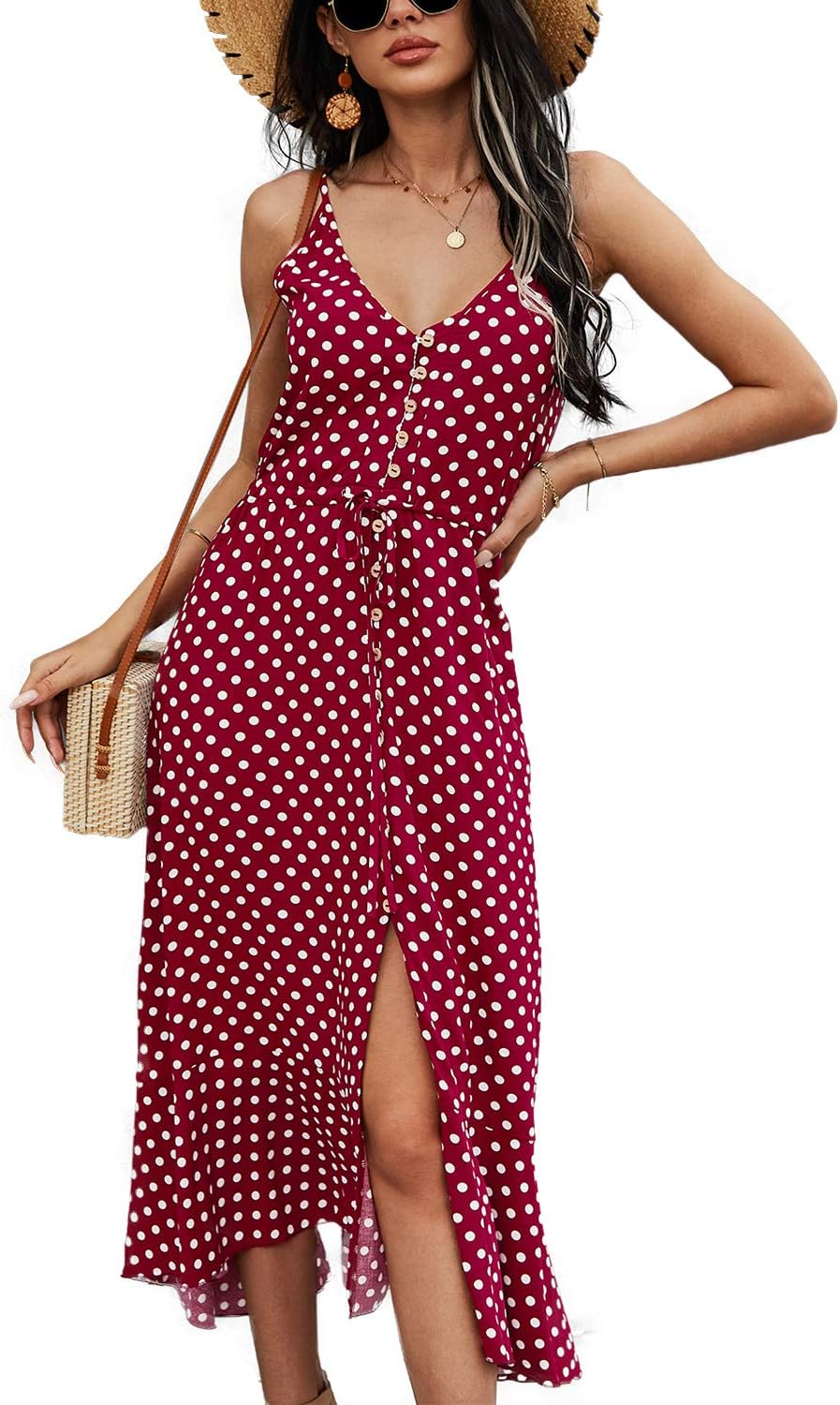 BROVAVE Women's 2025 Summer Casual Boho Sundress Polka Dot Spaghetti Strap V Neck Flowy Midi Dresses