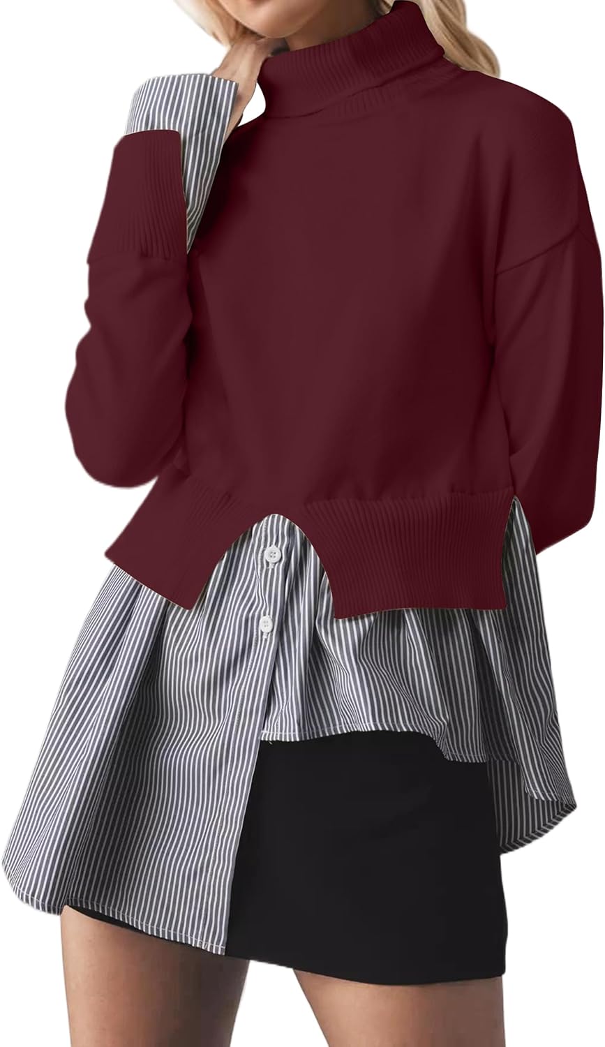 MISSACTIVER Women Slit Turtleneck Patchwork Sweater 2 in 1 Buttons Down Pullover Knit Sweater Asymmetrical Hem Shirt Top