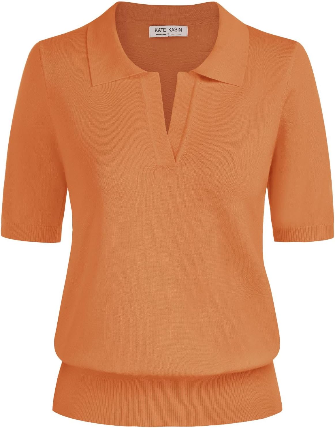 Kate Kasin Women Short Sleeve Polo Sweater V Neck Knitted Tops Casual Ribbed Shirt Loose Pullover Sweater