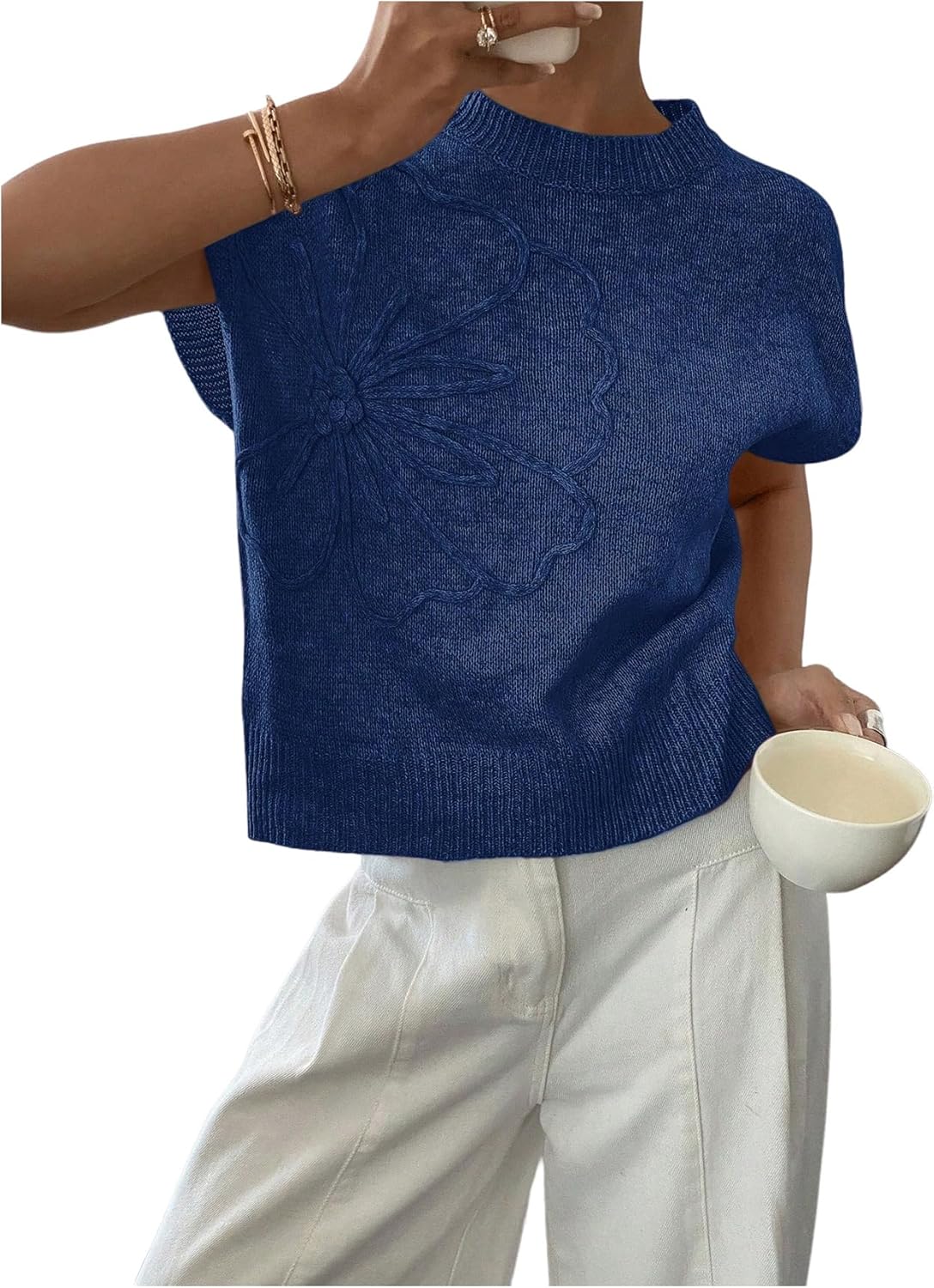 SOLY HUX Women's Ribbed Sweater Crew Neck Short Sleeve Loose Fit Floral Knit Pullover Tops