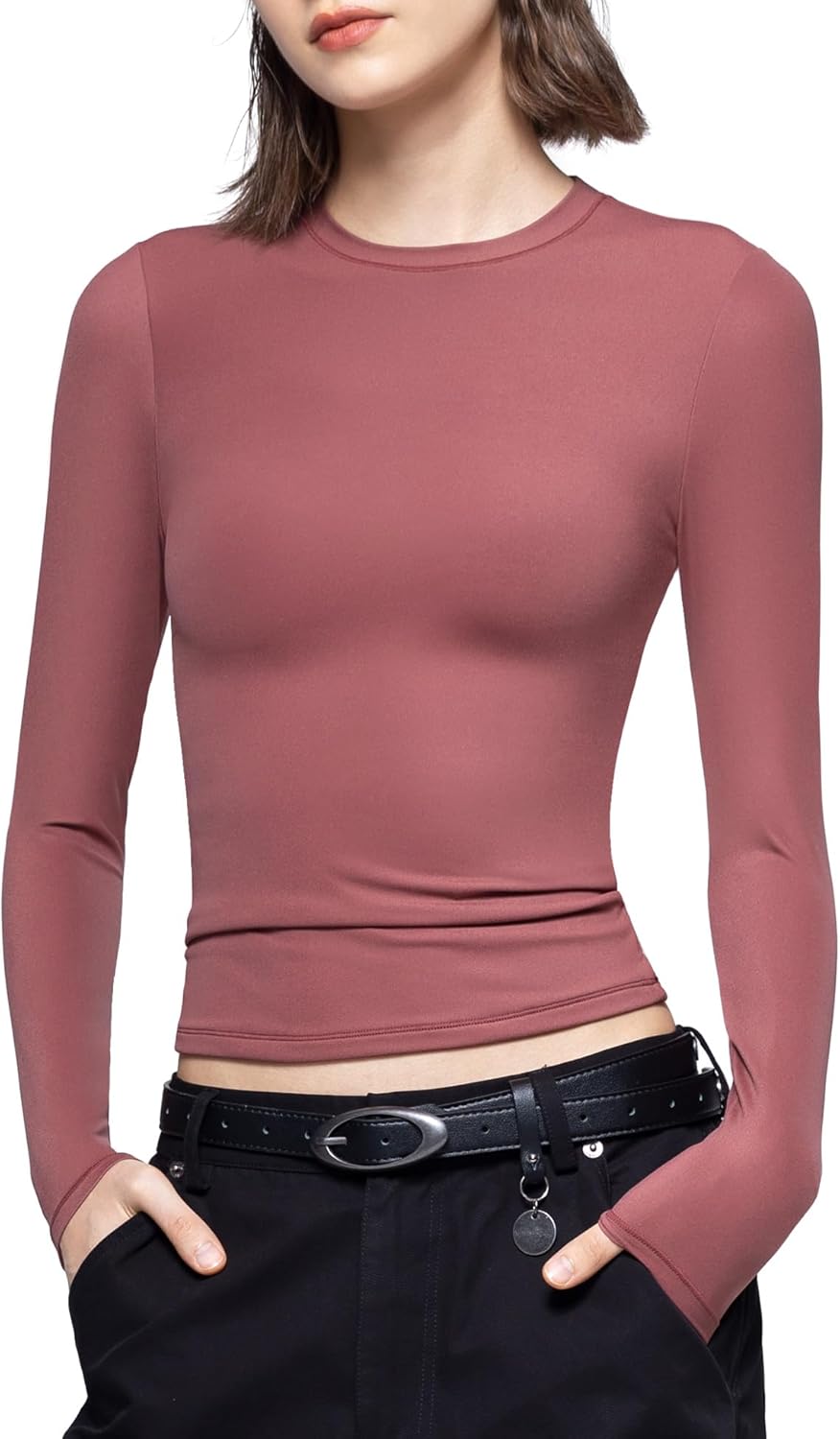 PUMIEY Women's Long Sleeve T Shirts Crew Neck Slim Fit Tops Sexy Basic Tee Smoke Cloud Pro Collection