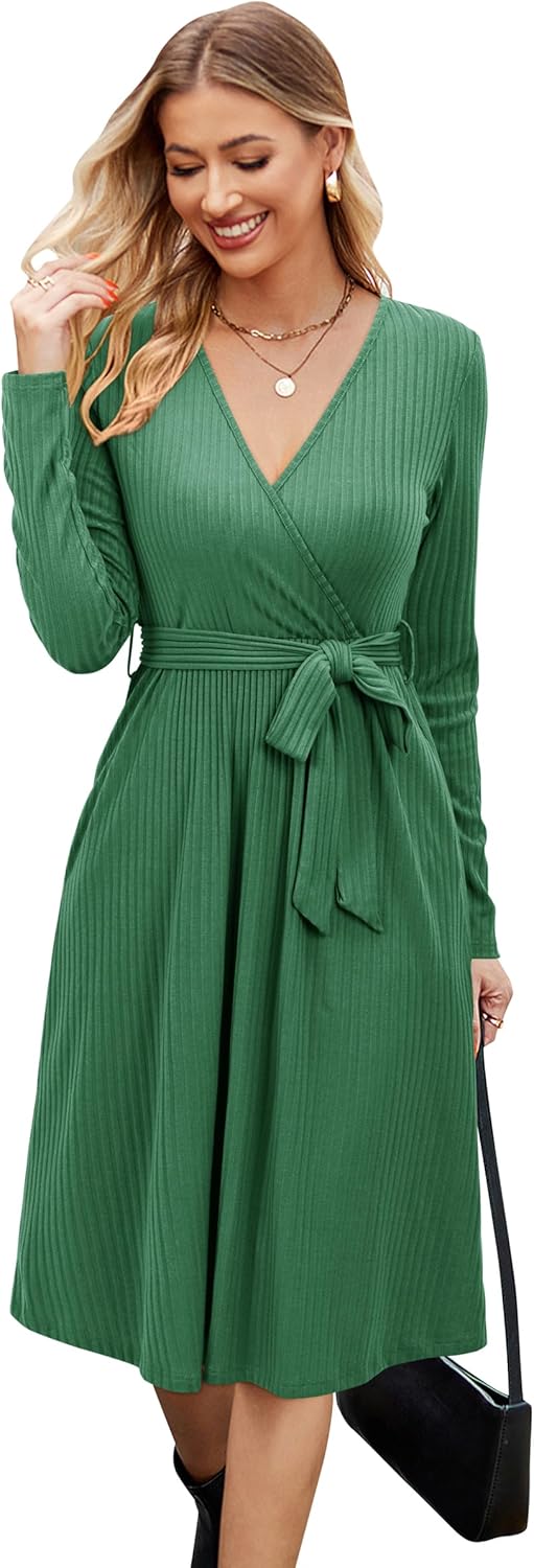 Newshows Womens 2025 Fall Dresses Teacher Church Business Casual Work Outfits Knit Midi Sweater Pockets Belt Dress