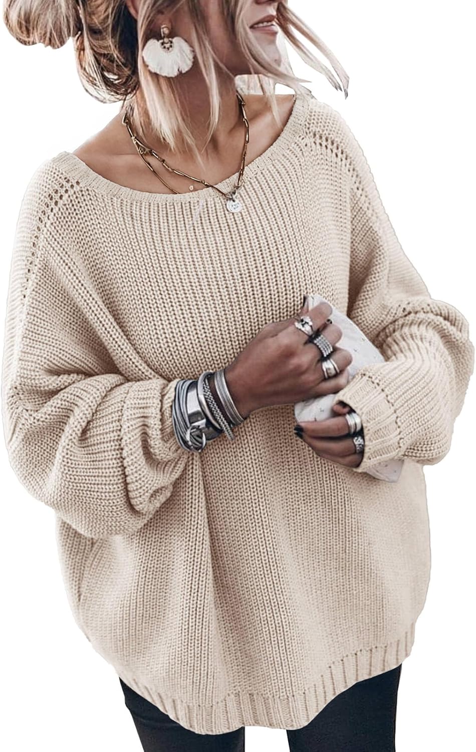 Oversized Sweaters for Women Trendy Chunky Batwing Long Sleeve Casual Crewneck Ribbed Pullover Tunic Sweater