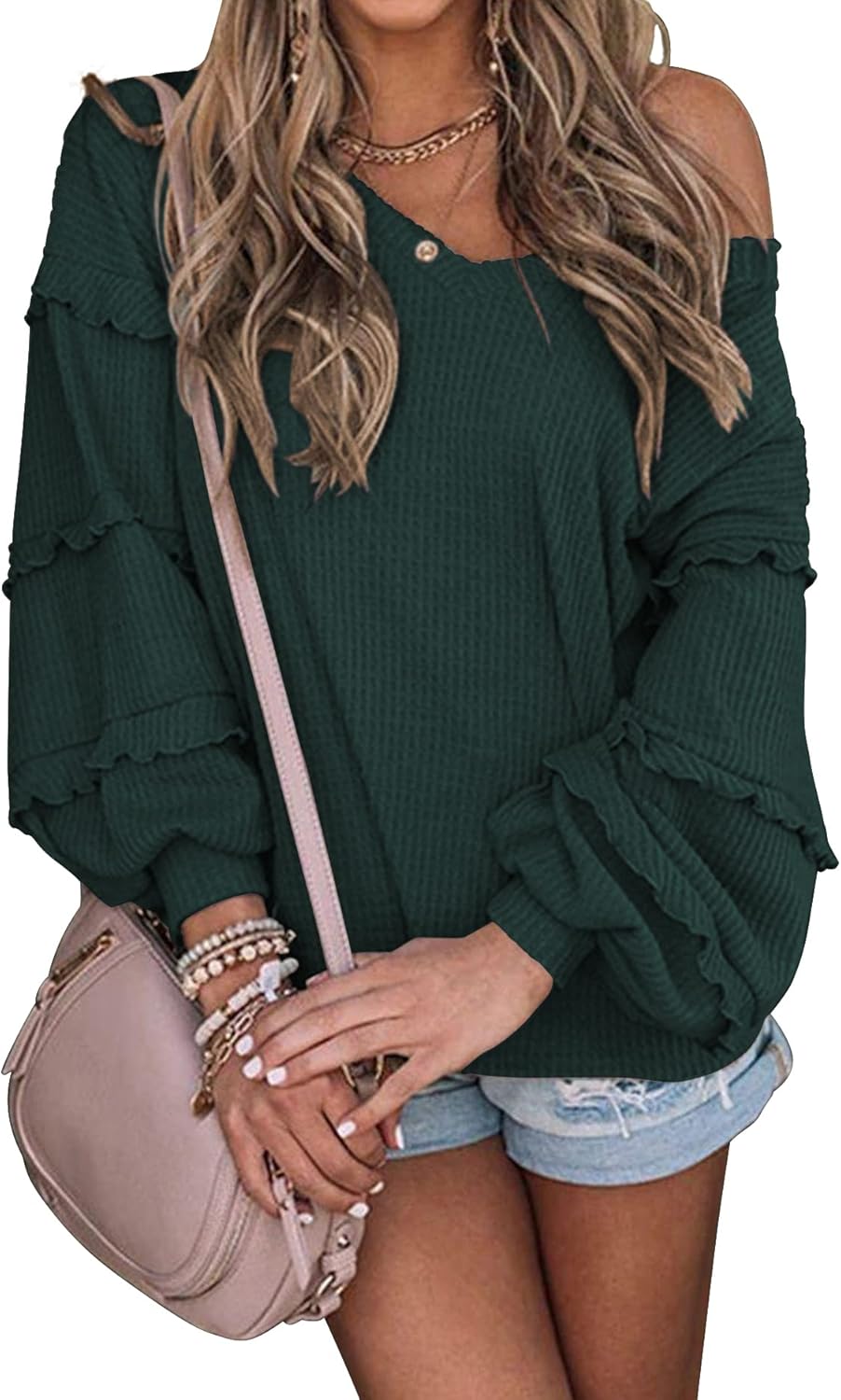 BTFBM Women's V Neck Long Sleeve Blouse Loose Fit Tunics Ruffles Off Shoulder Waffle Knit Solid Color Tops Fall Tee Shirts
