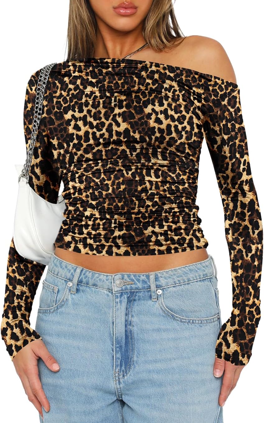 Darong Women's Casual Long Sleeve Boat Neck Off Shoulder Slim Fit Crop Top Going Out Blouses Y2K Tight Shirts