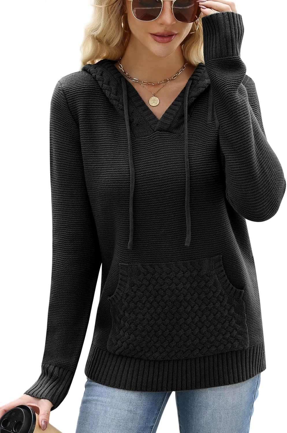 2025 Fall Hooded Sweater Women Oversized V Neck Fashion Knit Long Sleeve Pullover Drawstring Hoodie With Pocket