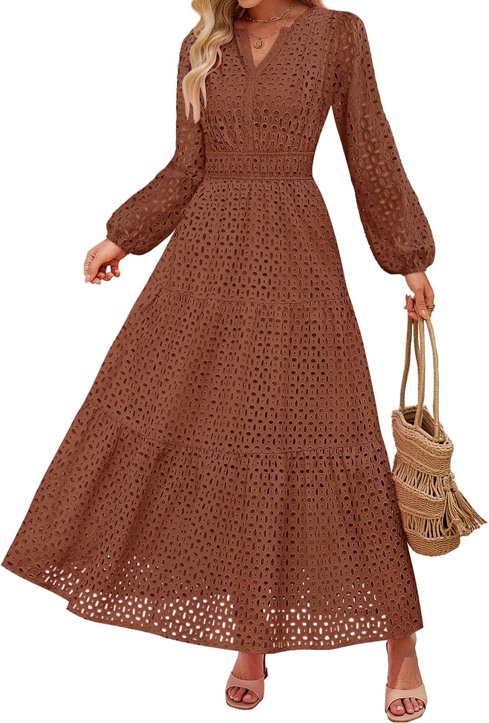 ZESICA Women's 2025 Fall Long Sleeve Maxi Dress V Neck Hollow Out Eyelet A Line Long Flowy Casual Party Dresses