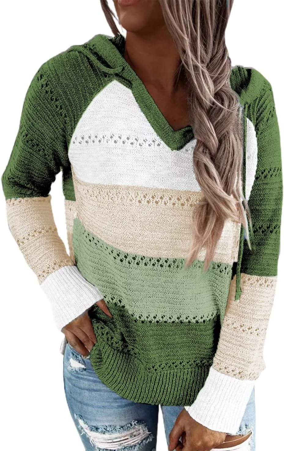 BLENCOT Women Color Block Hooded Crochet Striped Sweaters Lightweight Drawstring Hoodies Pullover Trendy Sweatshirts